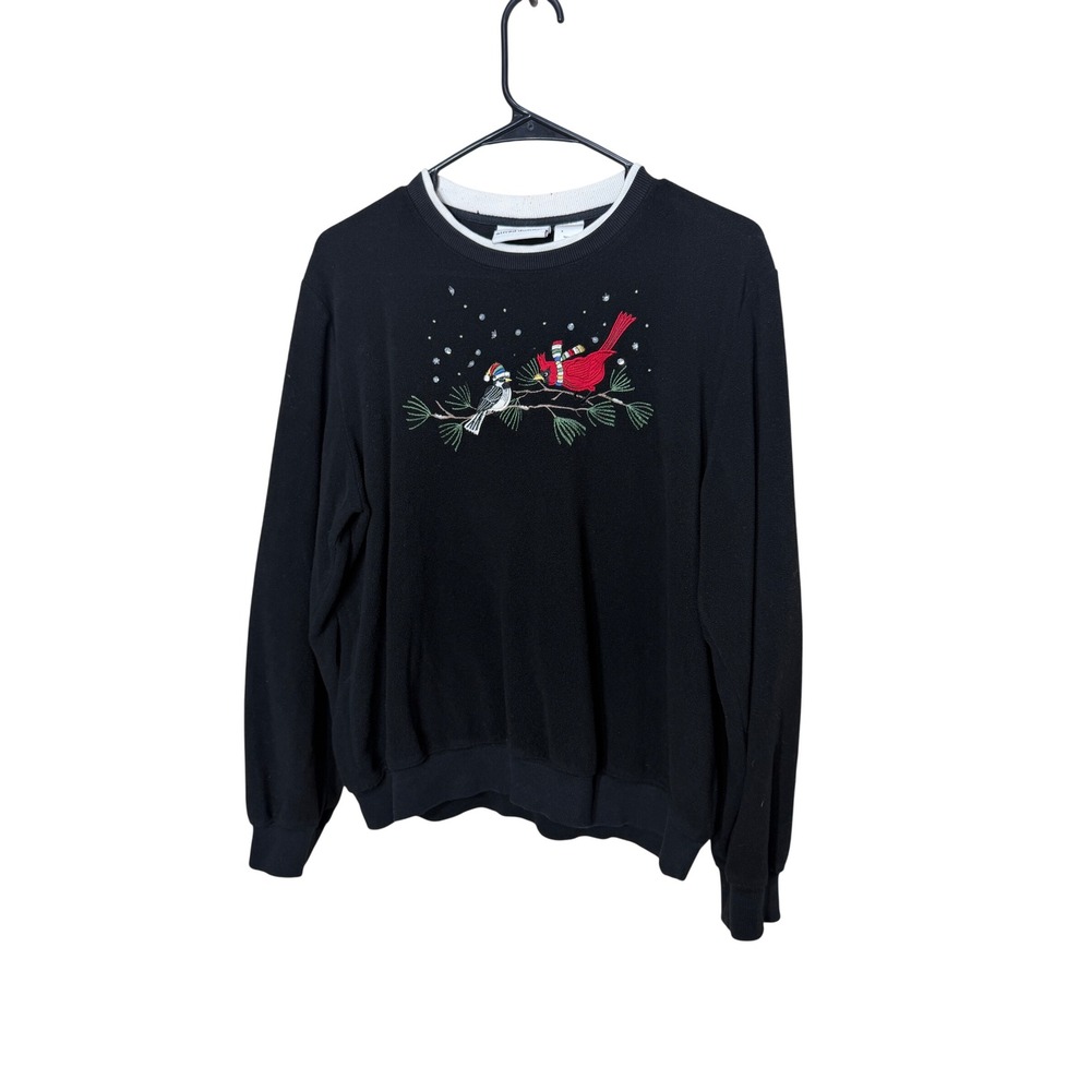 Alfred Dunner‎ Black Cardinal Bird Embroidered Fleece Sweatshirt Size Medium
